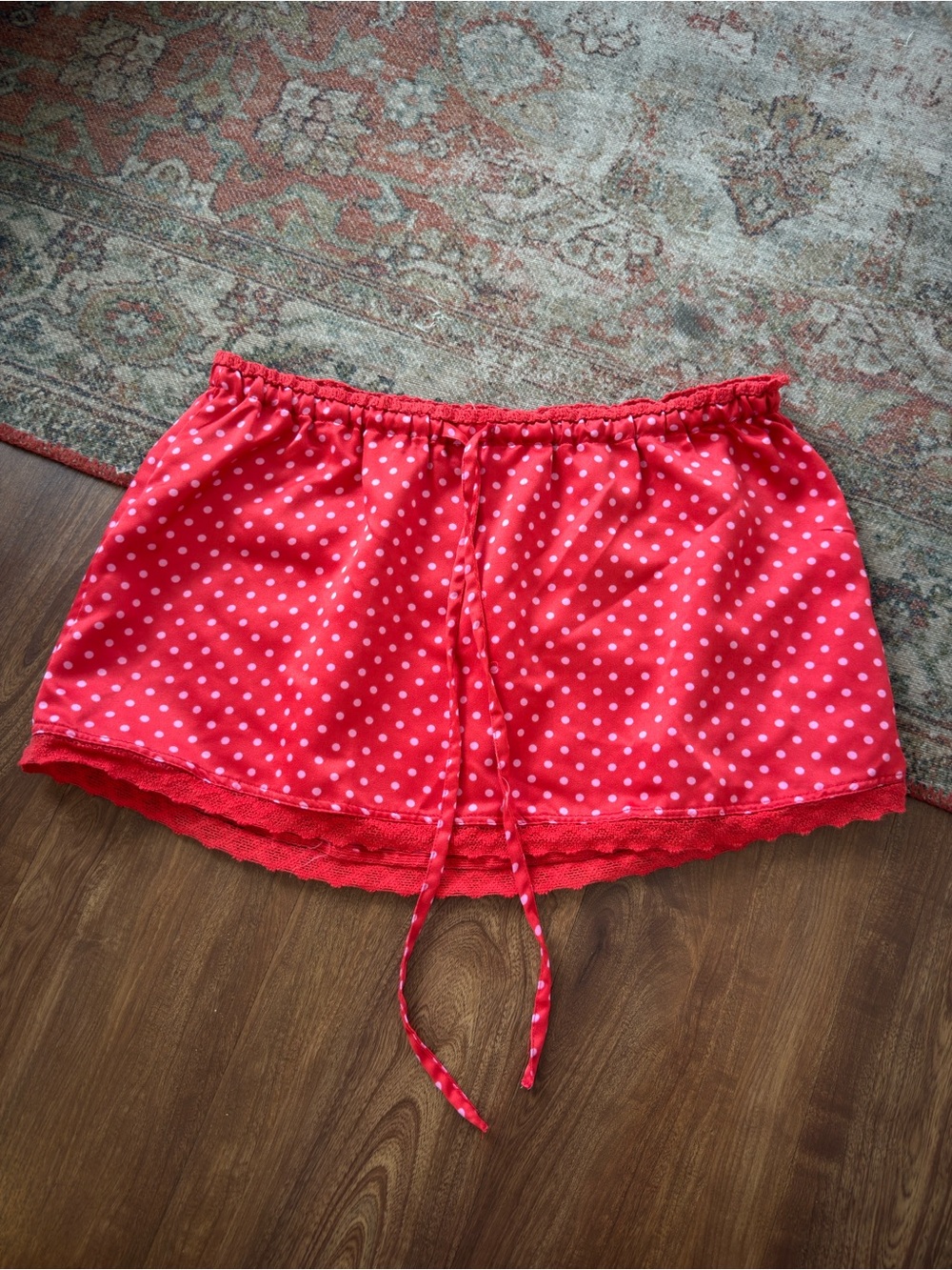Kimchi Blue Red Polka Dot Mini Skirt with Lace Trim